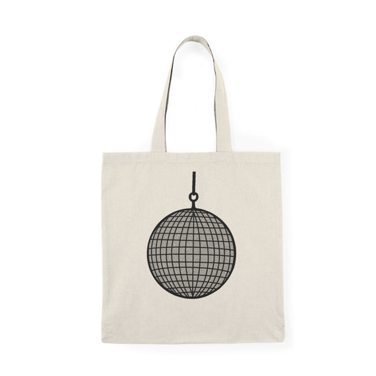 Tote bag featuring a vibrant illustration of a sparkling disco ball, reflecting colorful lights and evoking a sense of fun and nostalgia. The playful design and bright colors make it a perfect accessory for party lovers and anyone wanting to add a touch of retro flair to their everyday style."