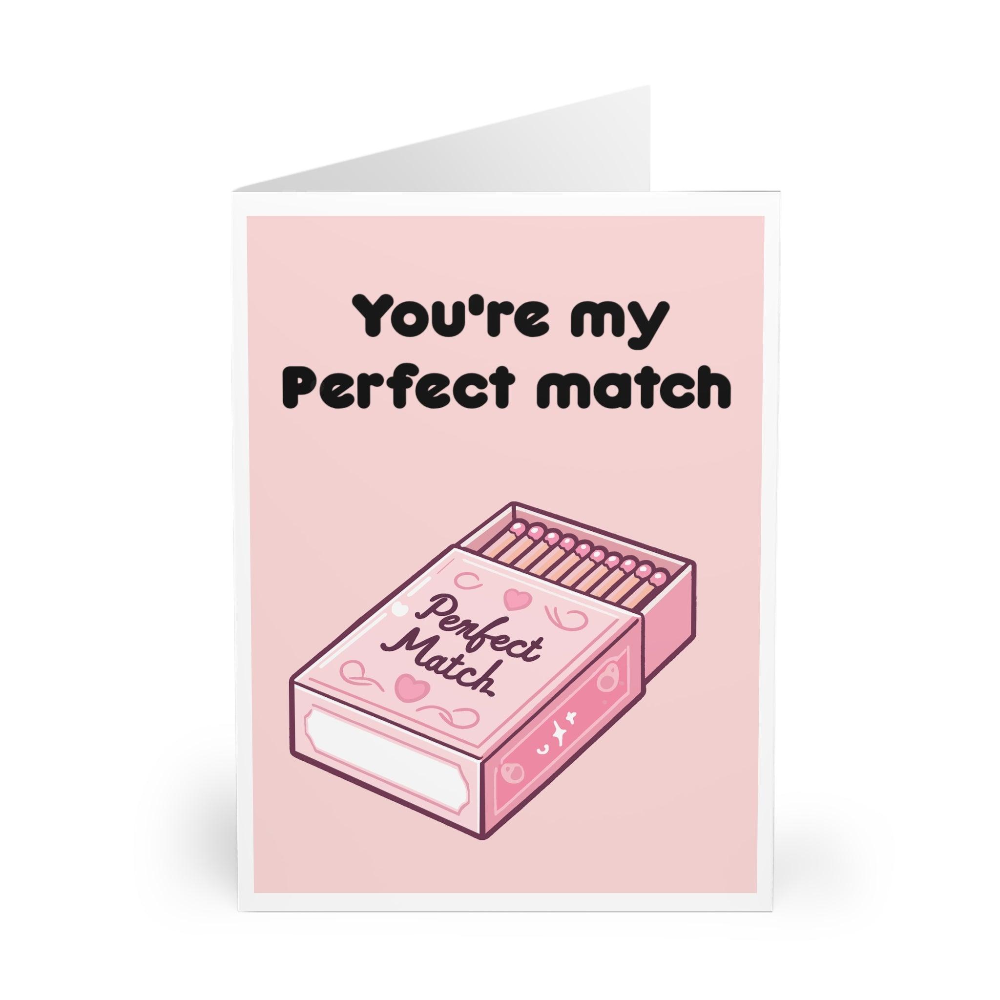 Quirky pink matchbox illustration with the phrase 'You’re My Perfect Match.' A romantic card for the perfect partner - Baby Keo