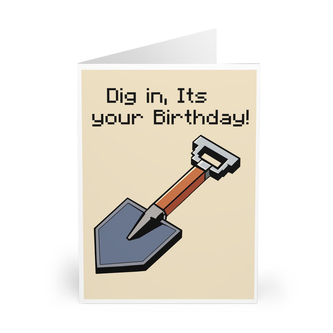 Funny birthday card featuring a shovel with the phrase 'Dig in, It’s Your Birthday!' Perfect for someone who loves gardening or enjoys a playful twist on birthday celebrations - Baby Keo