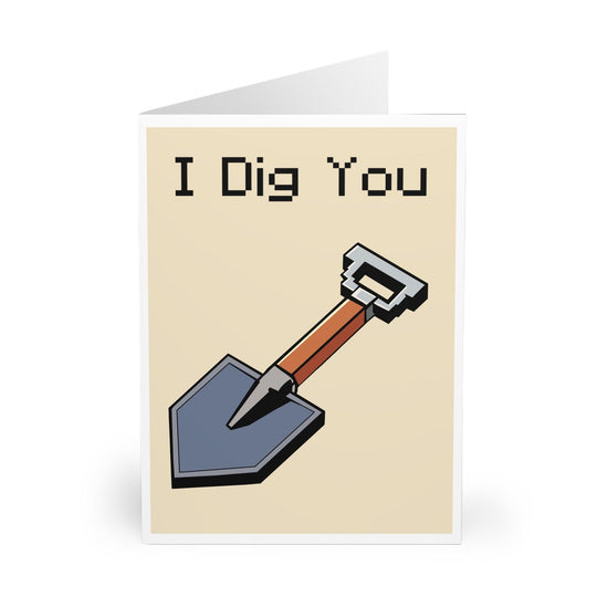 Playful greeting card featuring a shovel with the phrase &