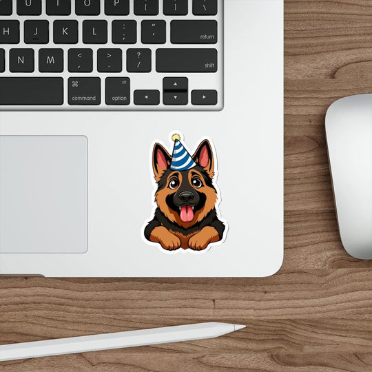 Party Dog Waterproof Sticker - An adorable dog in a party hat, great for any celebration-themed decor. Baby Keo.