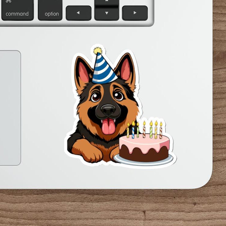 A cute waterproof sticker featuring a German Shepherd dog wearing a party hat and a birthday cake. Great for dog lovers - KEOLIX