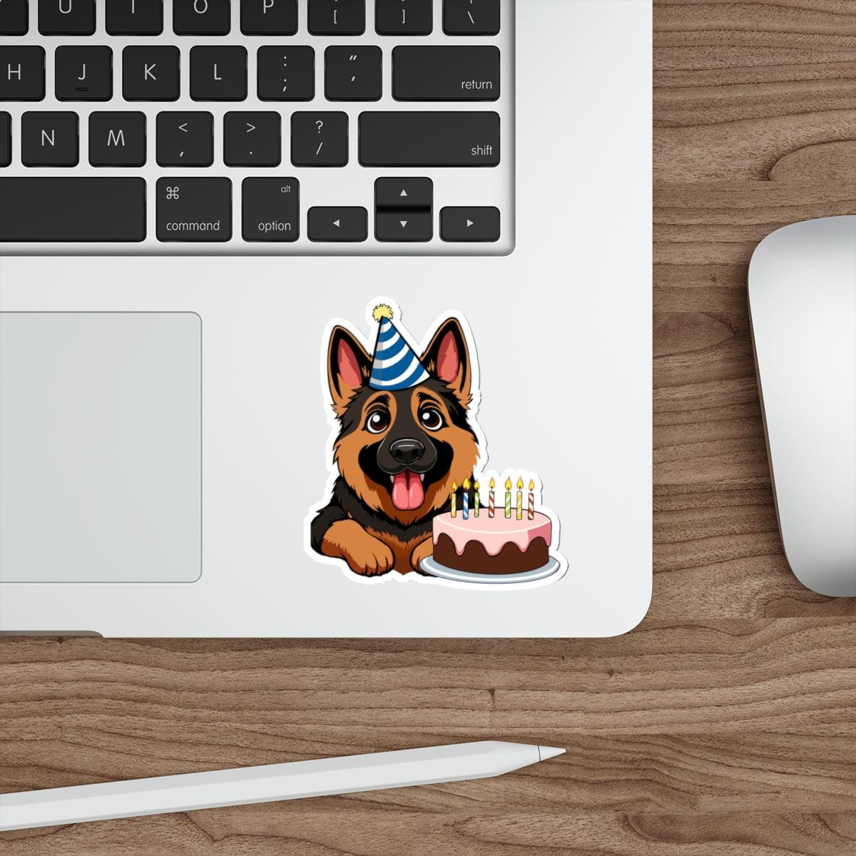 A cute waterproof sticker featuring a German Shepherd dog wearing a party hat and a birthday cake. Great for dog lovers - Baby Keo.