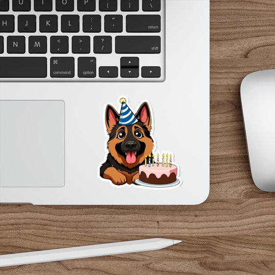 A cute waterproof sticker featuring a German Shepherd dog wearing a party hat and a birthday cake. Great for dog lovers - Baby Keo.