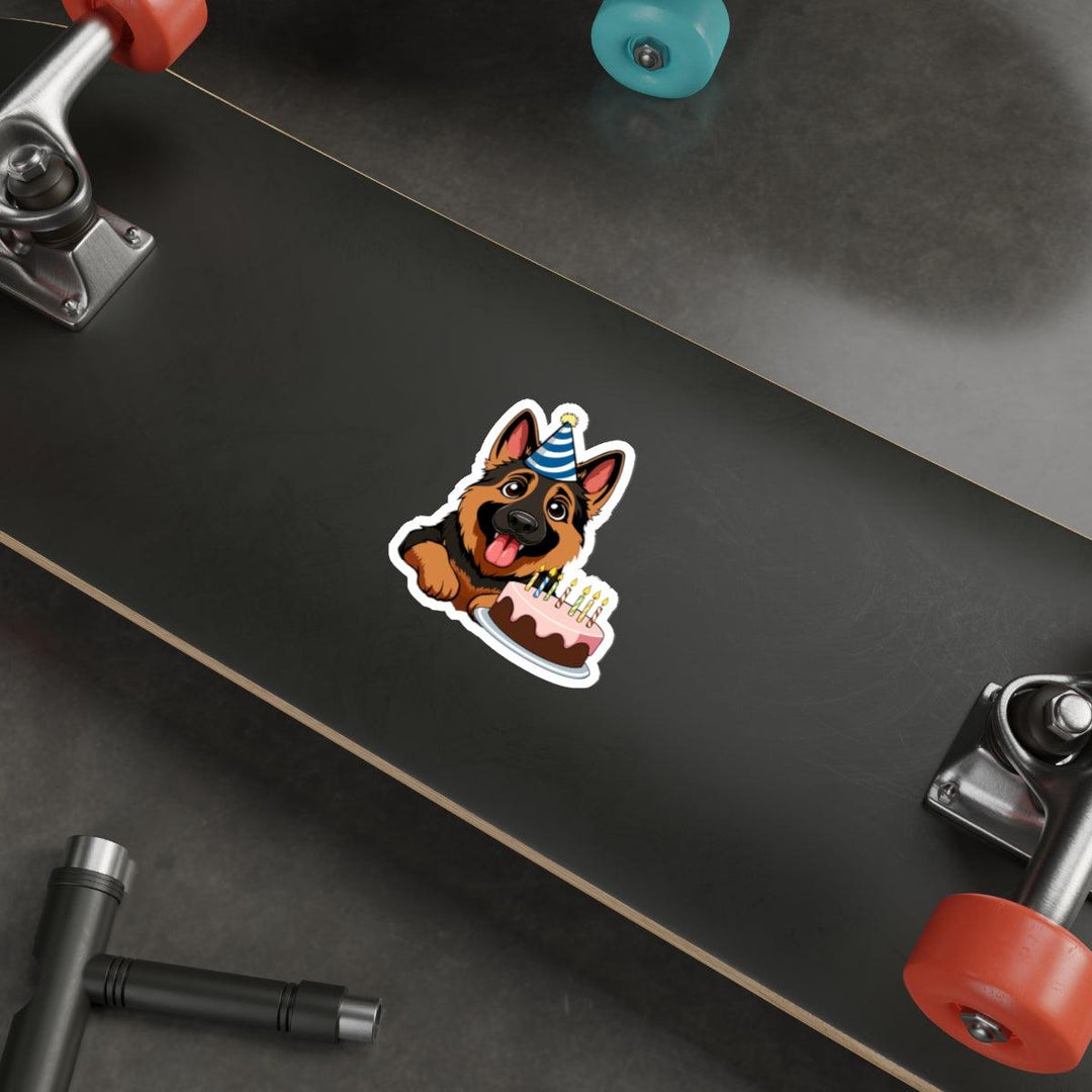 A cute waterproof sticker featuring a German Shepherd dog wearing a party hat and a birthday cake. Great for dog lovers - Baby Keo.