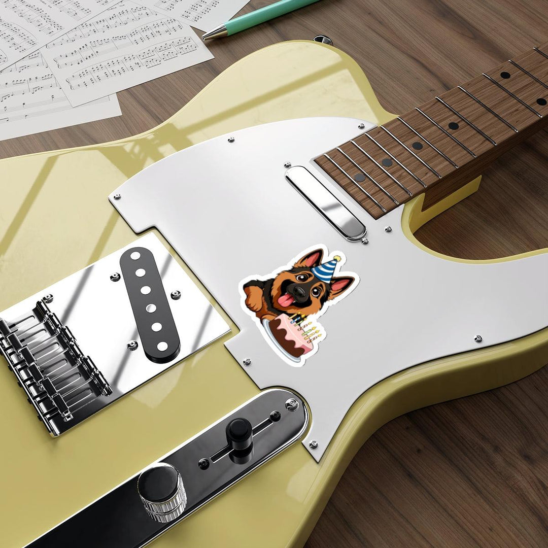 A cute waterproof sticker featuring a German Shepherd dog wearing a party hat and a birthday cake. Great for dog lovers - Baby Keo.