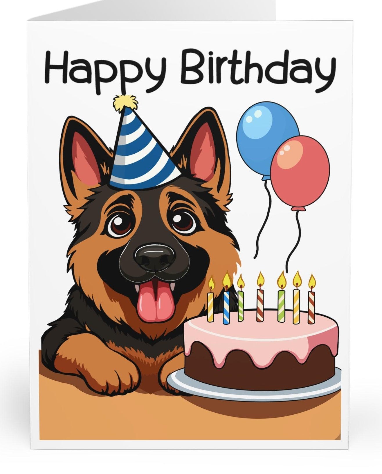 Adorable birthday card featuring a German Shepherd wearing a party hat, surrounded by balloons and a cake. A perfect card for dog lovers celebrating a special occasion  KEOLIX