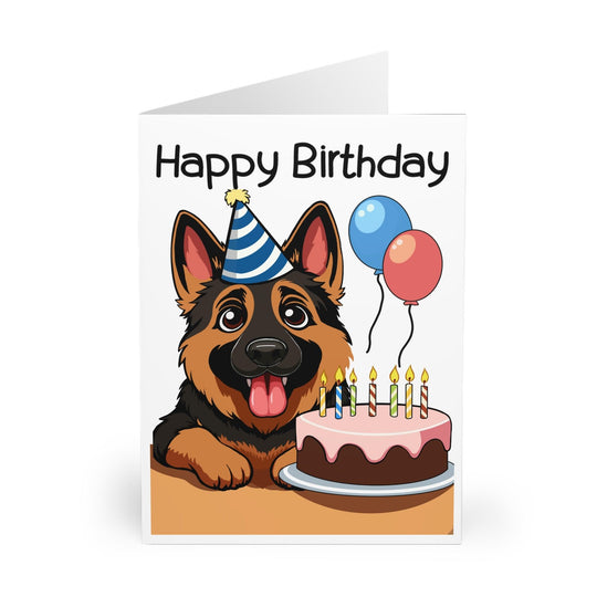 Adorable birthday card featuring a German Shepherd wearing a party hat, surrounded by balloons and a cake. A perfect card for dog lovers celebrating a special occasion  KEOLIX