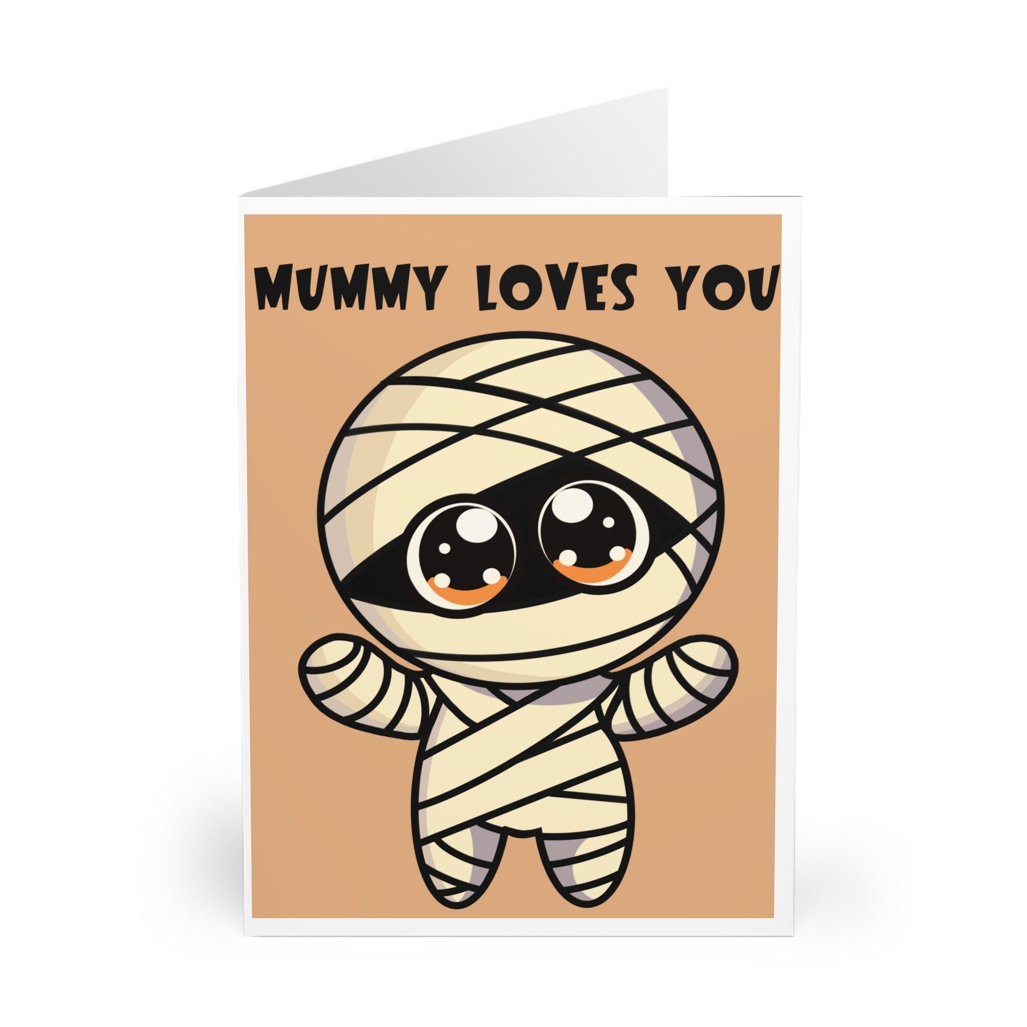 Playful card with a cute mummy character wrapped in bandages and the phrase 'Mummy Loves You.' Perfect for a quirky, fun message to someone you care about - Baby Keo.