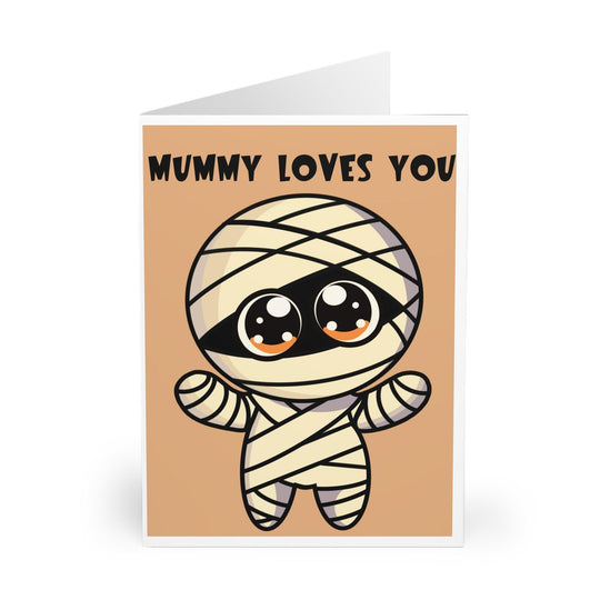 Playful card with a cute mummy character wrapped in bandages and the phrase &