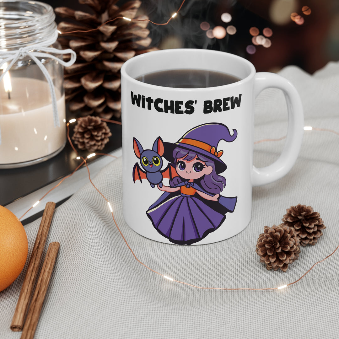Witches' Brew' Mug - "Fun white ceramic mug featuring a cute cartoon witch holding a brew, perfect for adding a touch of magic to your Halloween or daily coffee."