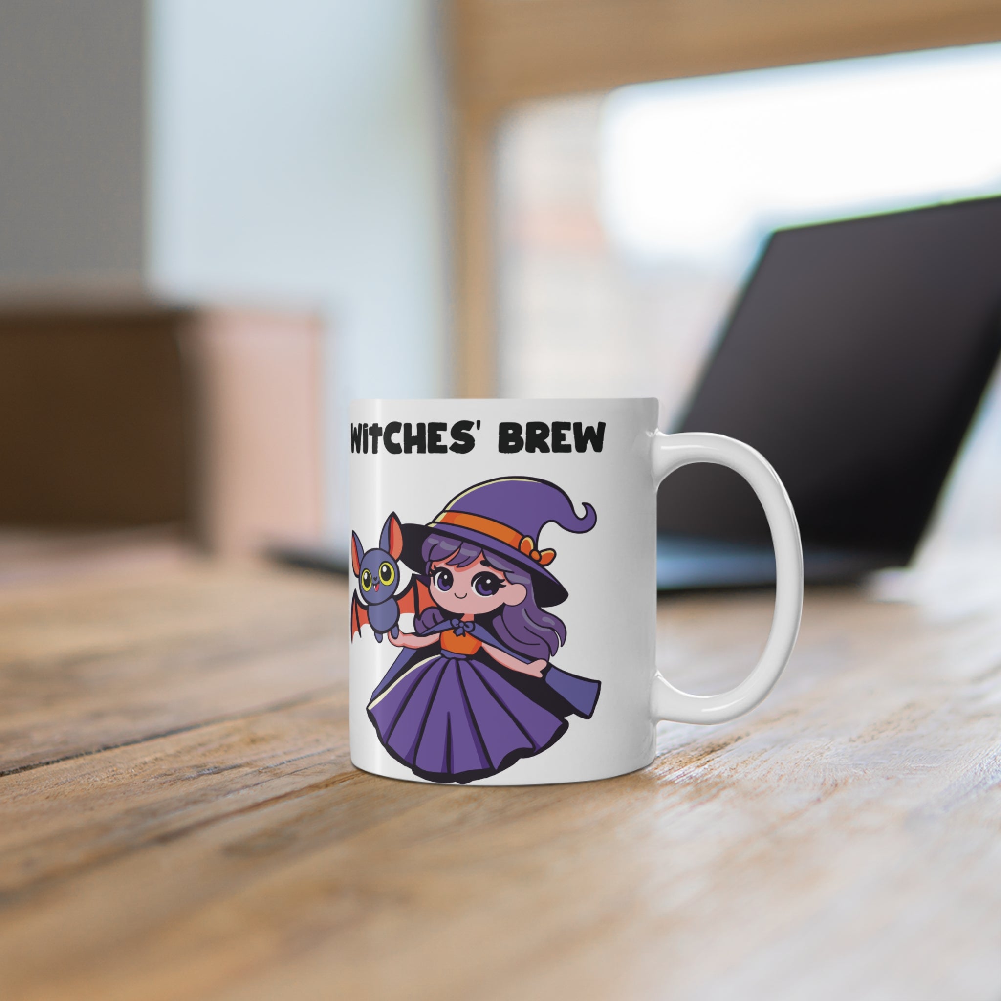 Witches' Brew' Mug - "Fun white ceramic mug featuring a cute cartoon witch holding a brew, perfect for adding a touch of magic to your Halloween or daily coffee."