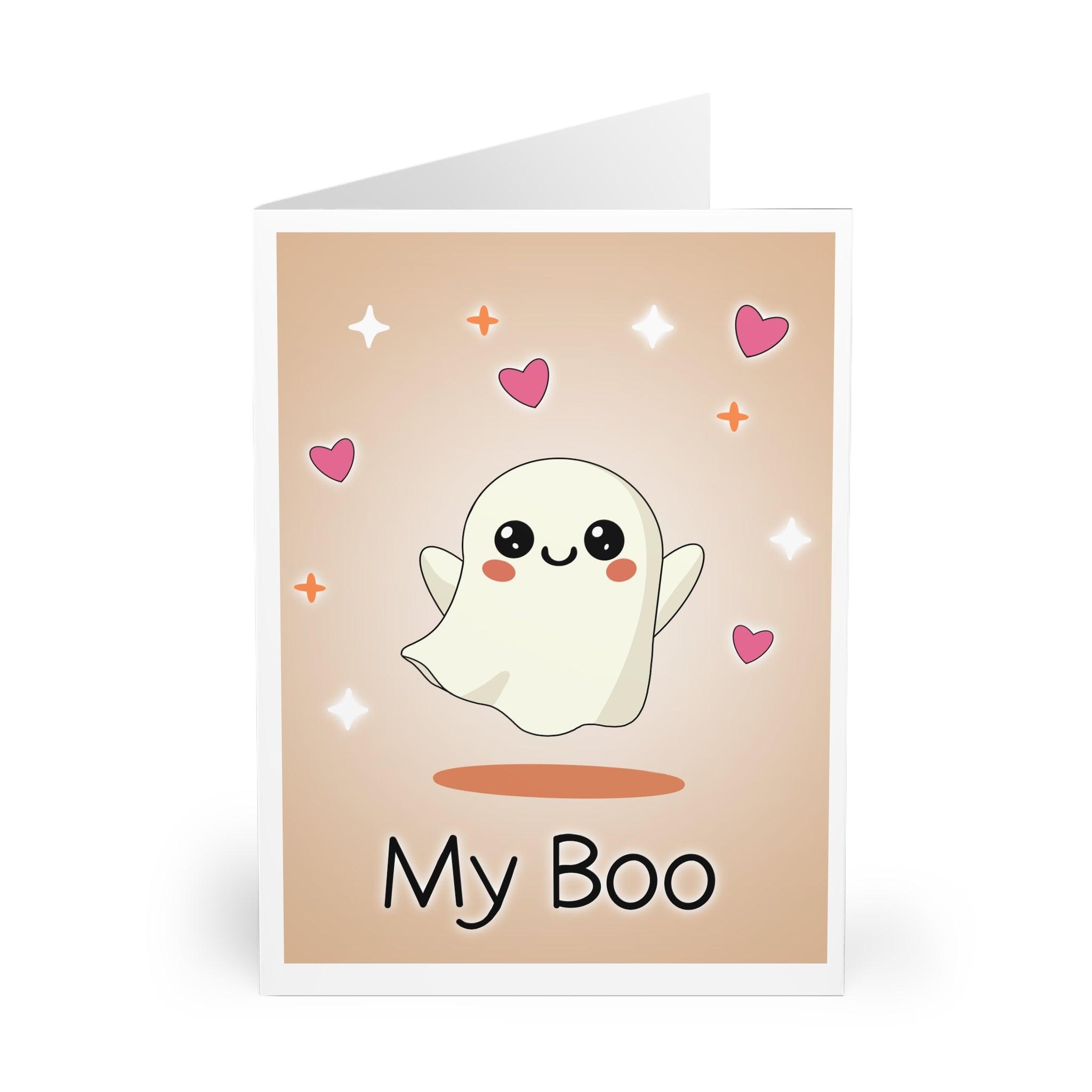 Adorable ghost-themed greeting card with the phrase 'My Boo' surrounded by pink hearts. A sweet and spooky way to express love or affection - Baby Keo.