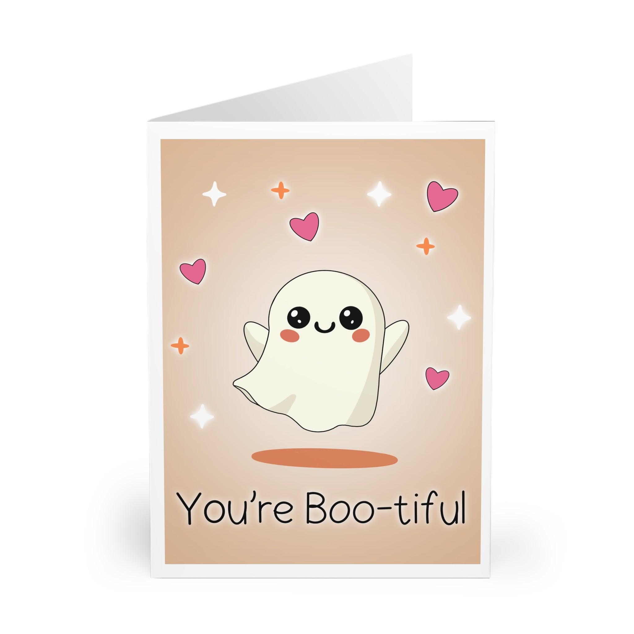 Adorable ghost-themed card with hearts and the phrase 'You’re Boo-tiful.' Great for Halloween or just to send a cute message to someone special - Baby Keo