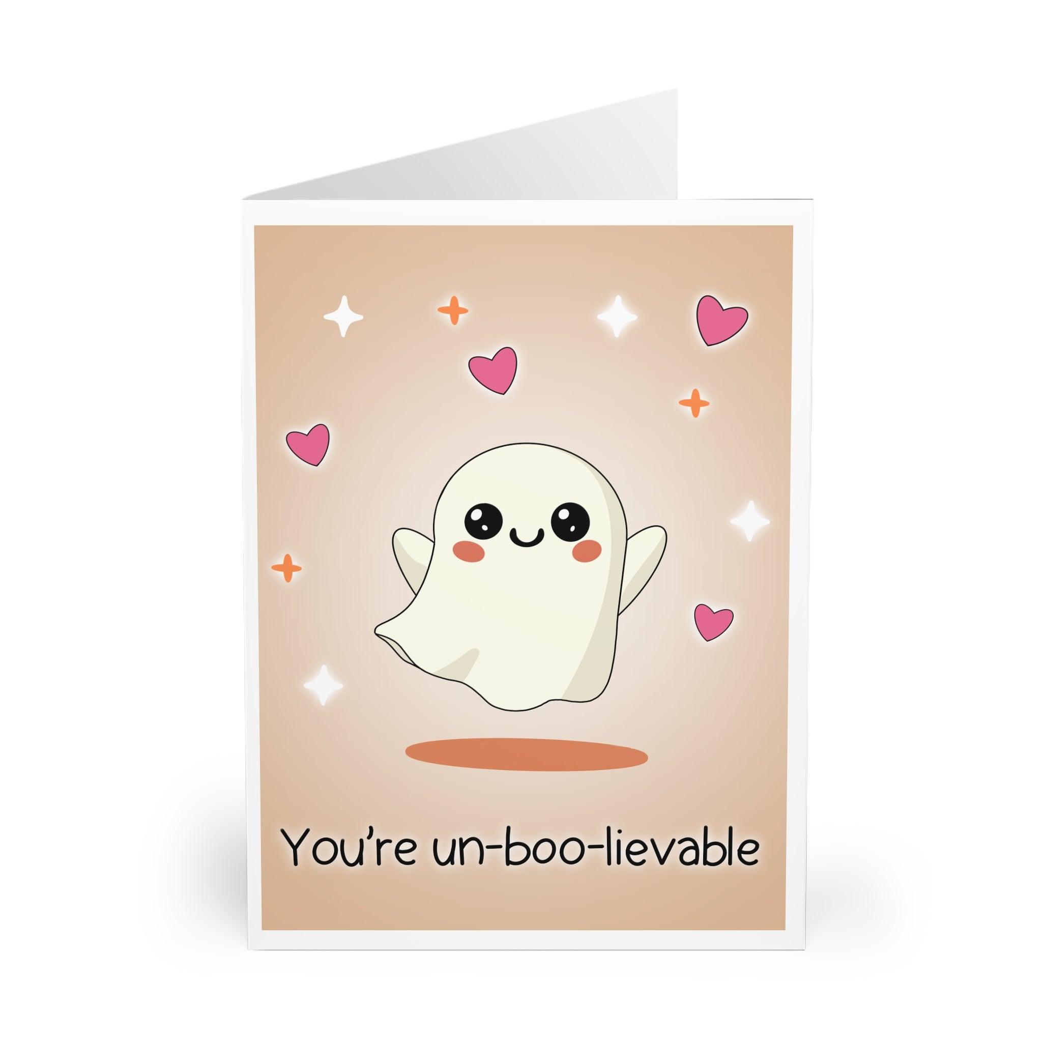 Adorable ghost illustration with the phrase 'You’re Un-boo-lievable.' A fun and spooky compliment perfect for Halloween or any occasion - Baby Keo