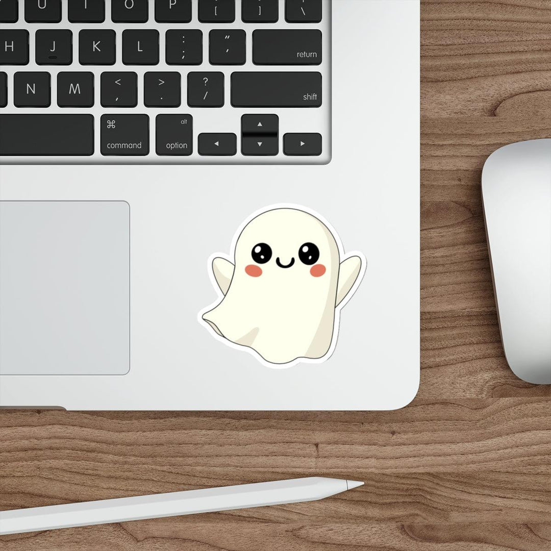 Adorable Halloween-themed ghost sticker with a cute, smiling expression. Perfect for laptops, water bottles, and more. A playful addition to your spooky season collection - Baby Keo