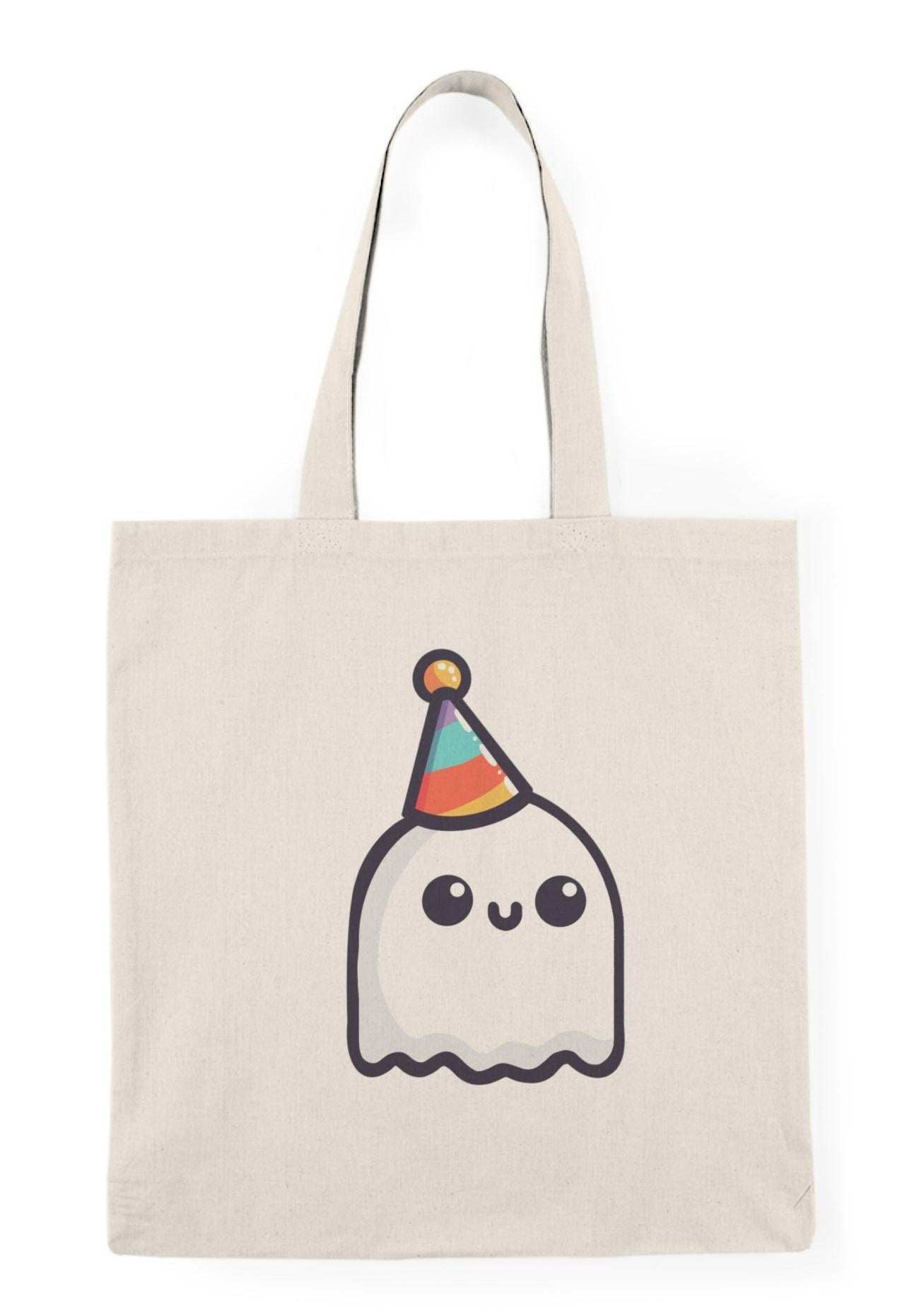 A cream-colored tote bag featuring a playful illustration of a cute ghost wearing a party hat, surrounded by colorful confetti. The text 'Party Ghost' adds a fun and festive touch, perfect for celebrating any occasion or Halloween