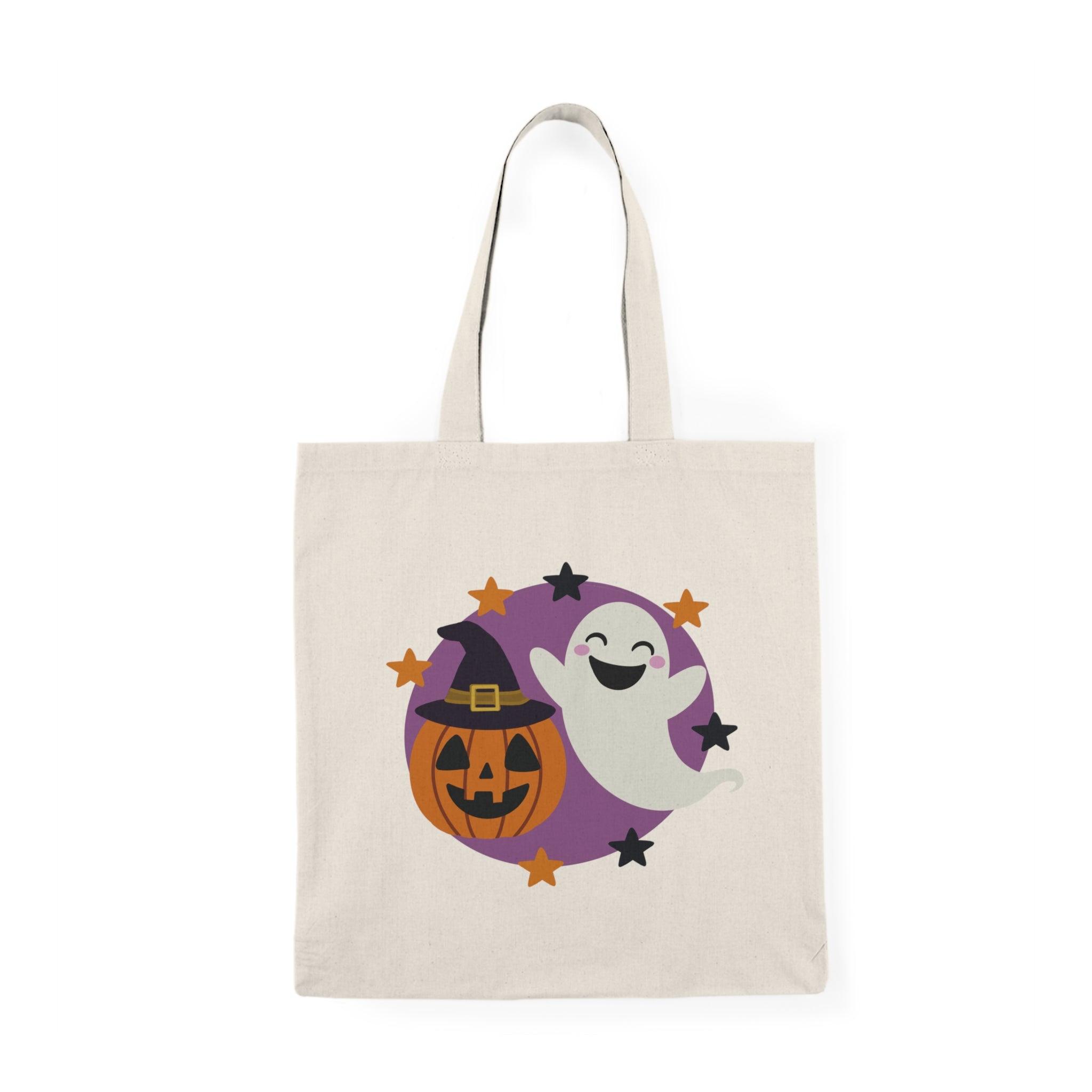Tote bag featuring a whimsical illustration of a friendly ghost and a carved Halloween pumpkin, both adorned with playful expressions. The colorful design captures the festive spirit of Halloween, making it a perfect accessory for trick-or-treating or adding a fun touch to your everyday style