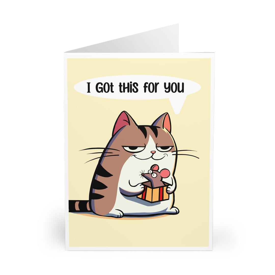 Cute greeting card featuring a cat holding a small present with the phrase 'I Got This for You.' Perfect for celebrating a special occasion or sending a thoughtful gift with love - Baby Keo