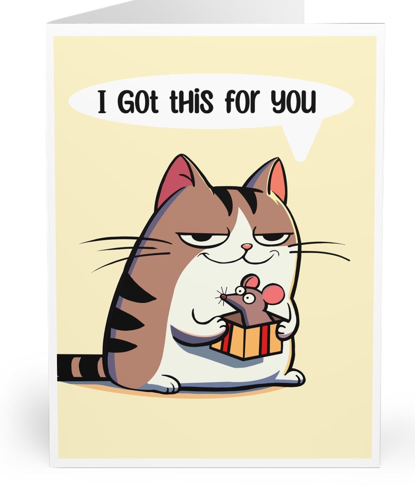 Cute greeting card featuring a cat holding a small present with the phrase 'I Got This for You.' Perfect for celebrating a special occasion or sending a thoughtful gift with love   KEOLIX 