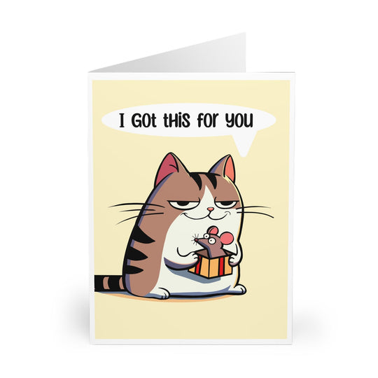 Cute greeting card featuring a cat holding a small present with the phrase &
