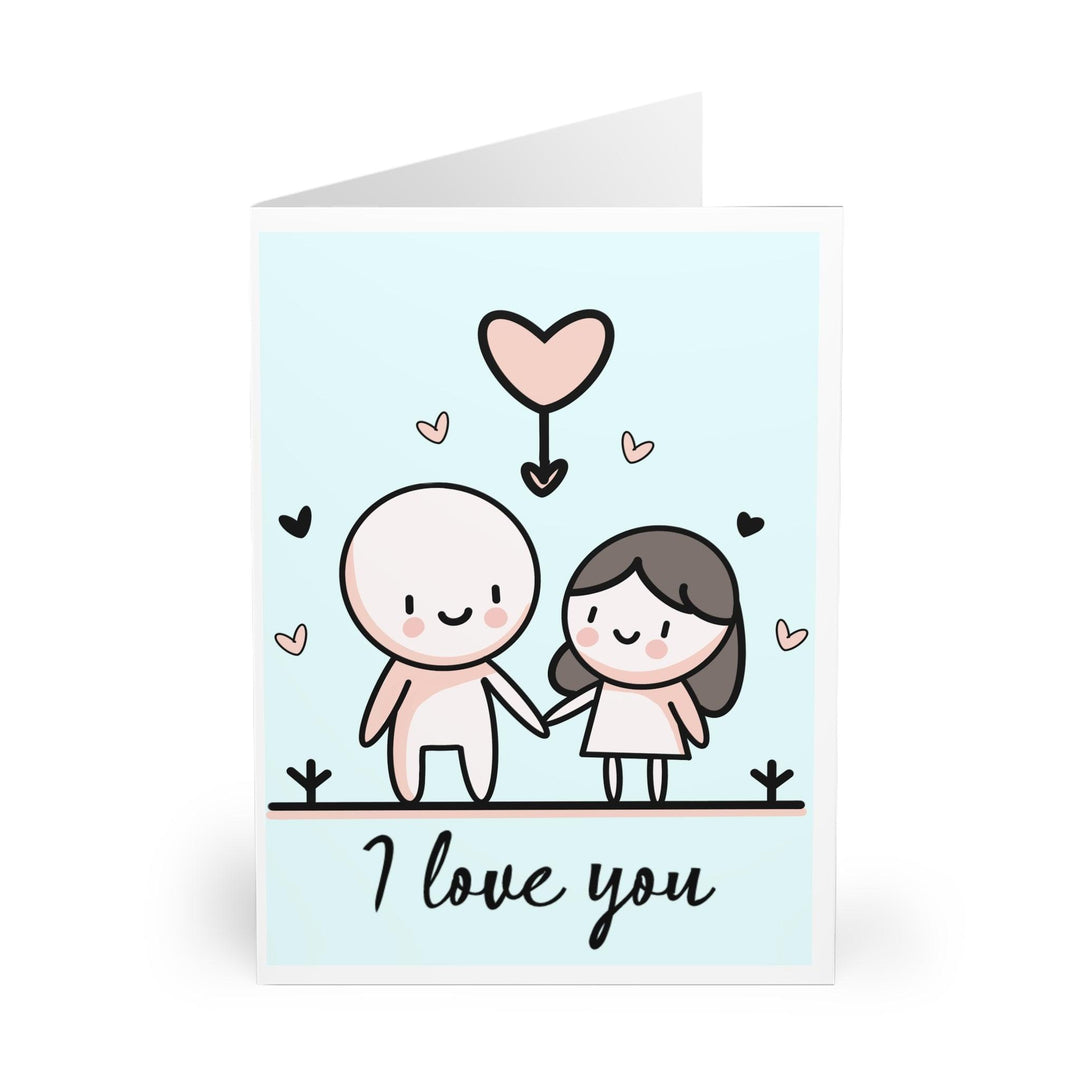 Simple yet charming greeting card featuring two cute characters holding hands with the phrase 'I Love You.' A perfect minimalist expression of love - Baby Keo.