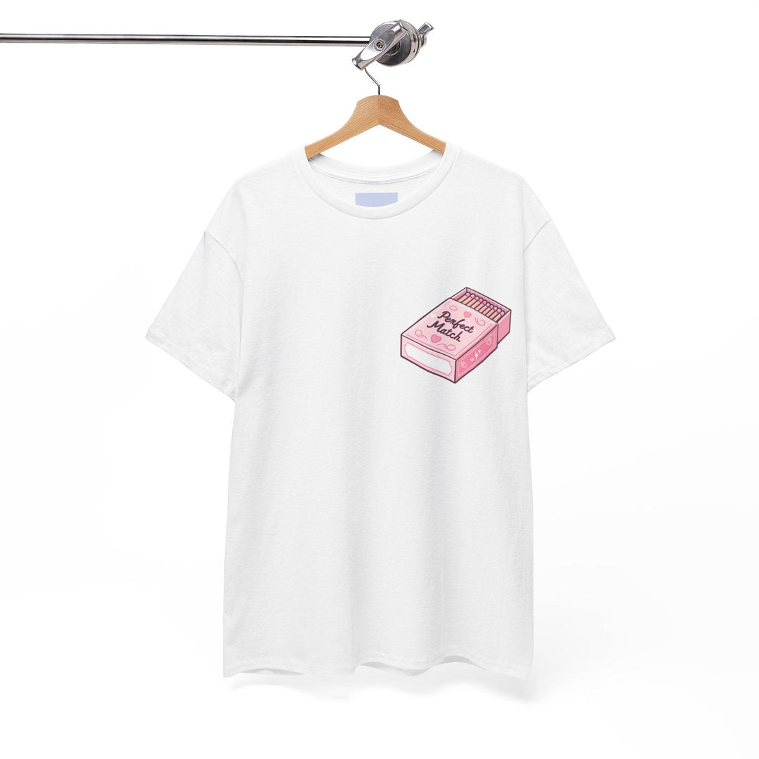 White T-shirt with a small illustration of a pink matchbox and the phrase 'Perfect Match.' A simple and charming design for those who appreciate subtle romantic gestures."