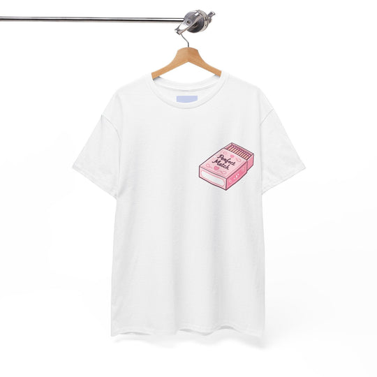 White T-shirt with a small illustration of a pink matchbox and the phrase 'Perfect Match.' A simple and charming design for those who appreciate subtle romantic gestures."