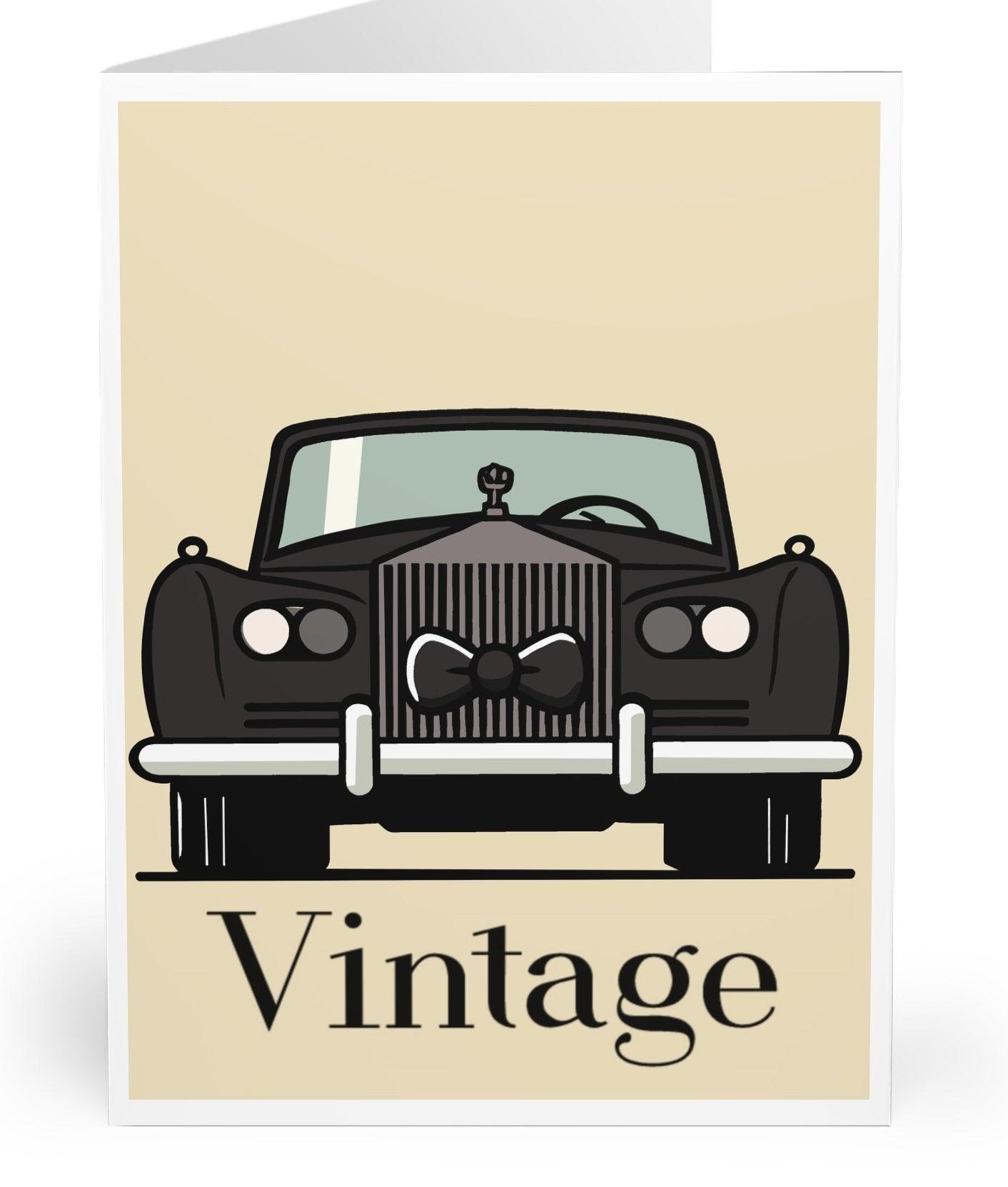 A vintage greeting card featuring a black Rolls Royce car with the word 'Vintage' printed at the bottom, set against a beige background.