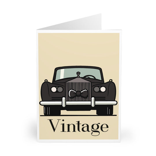 A vintage greeting card featuring a black Rolls Royce car with the word &