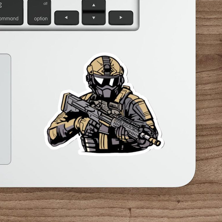 Soldier with Gun Waterproof Sticker: A detailed design of a soldier in full gear holding a rifle, a strong and bold sticker for military enthusiasts or action lovers.  KEOLIX 