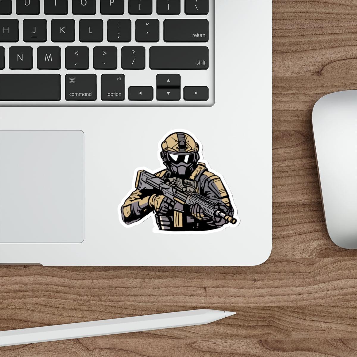 Soldier with Gun Waterproof Sticker: A detailed design of a soldier in full gear holding a rifle, a strong and bold sticker for military enthusiasts or action lovers.  KEOLIX 