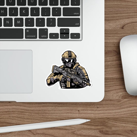 Soldier with Gun Waterproof Sticker: A detailed design of a soldier in full gear holding a rifle, a strong and bold sticker for military enthusiasts or action lovers.  KEOLIX 