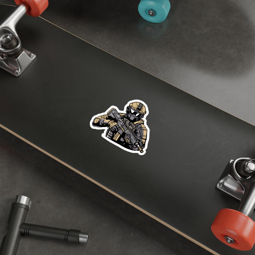 Soldier with Gun Waterproof Sticker: A detailed design of a soldier in full gear holding a rifle, a strong and bold sticker for military enthusiasts or action lovers. KEOLIX 