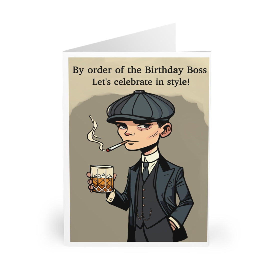 tylish birthday card featuring a character in a suit holding a drink with the phrase 'By Order of the Birthday Boss.' A classy and fun card for celebrating birthdays in style - Baby Keo.