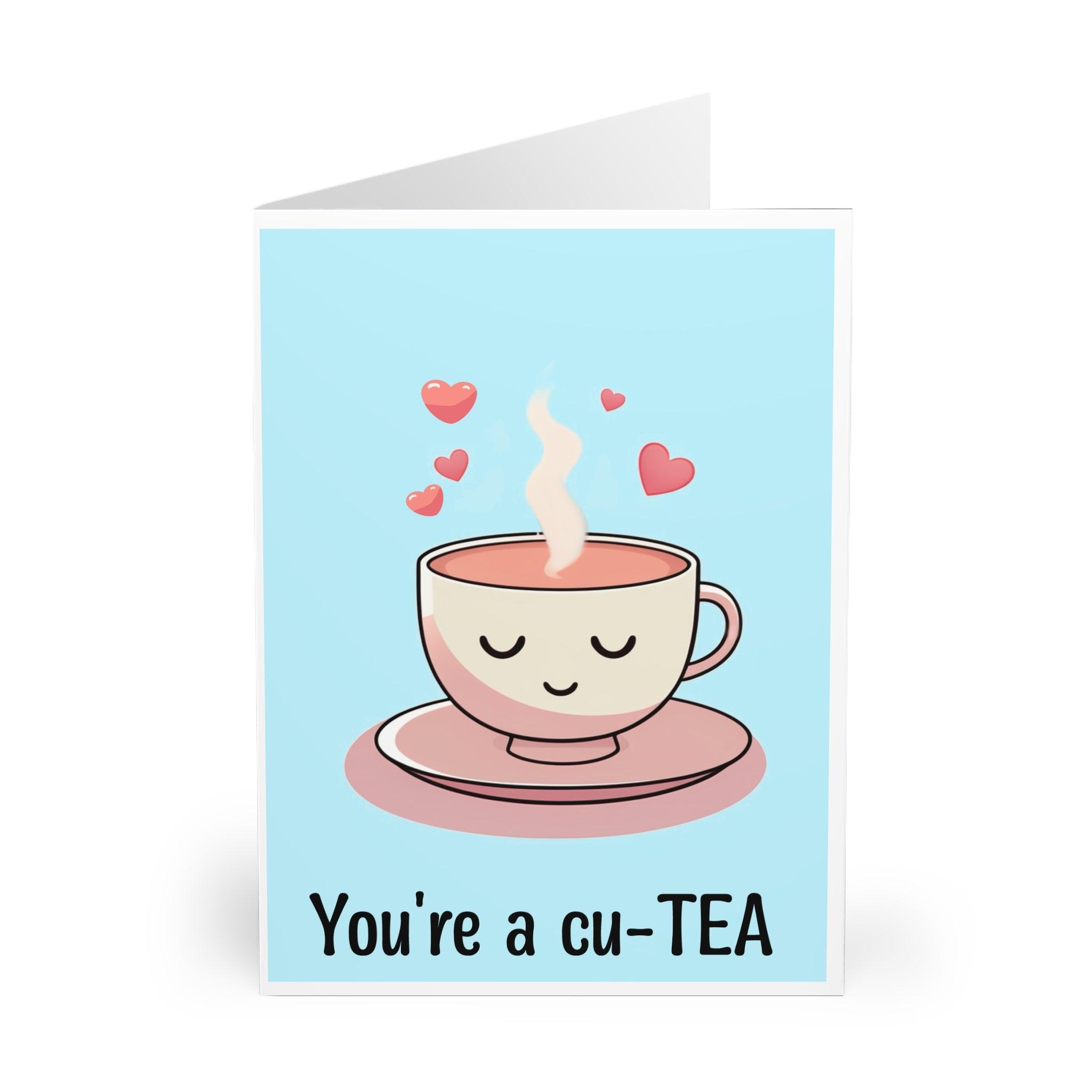 Sweet card featuring a cute tea mug illustration with hearts floating above and the phrase 'You’re a Cu-Tea.' A charming card for someone special - Baby Keo