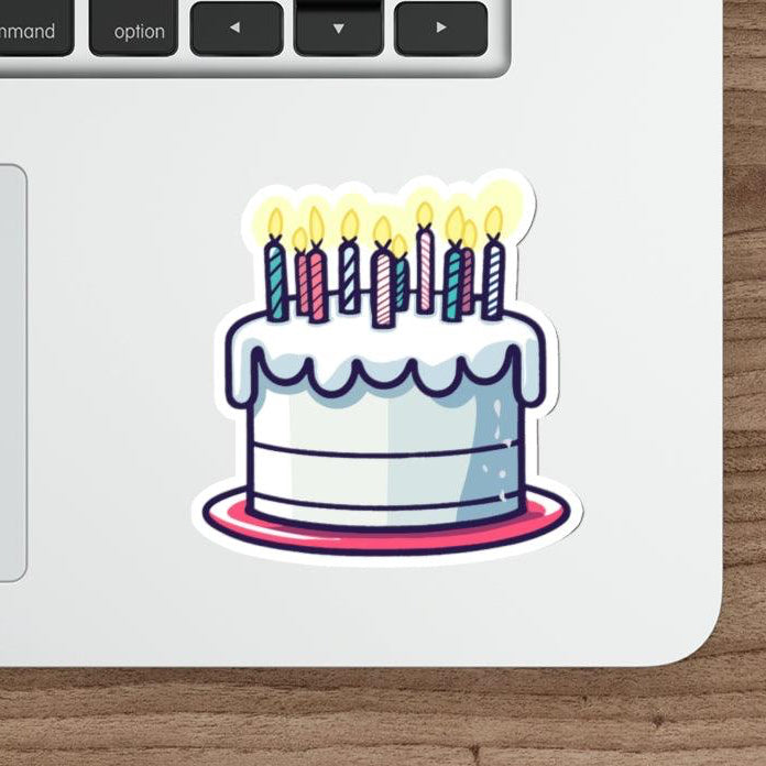 A fun and festive waterproof sticker featuring a birthday cake with lit candles. Perfect for celebrating birthdays - KEOLIX 