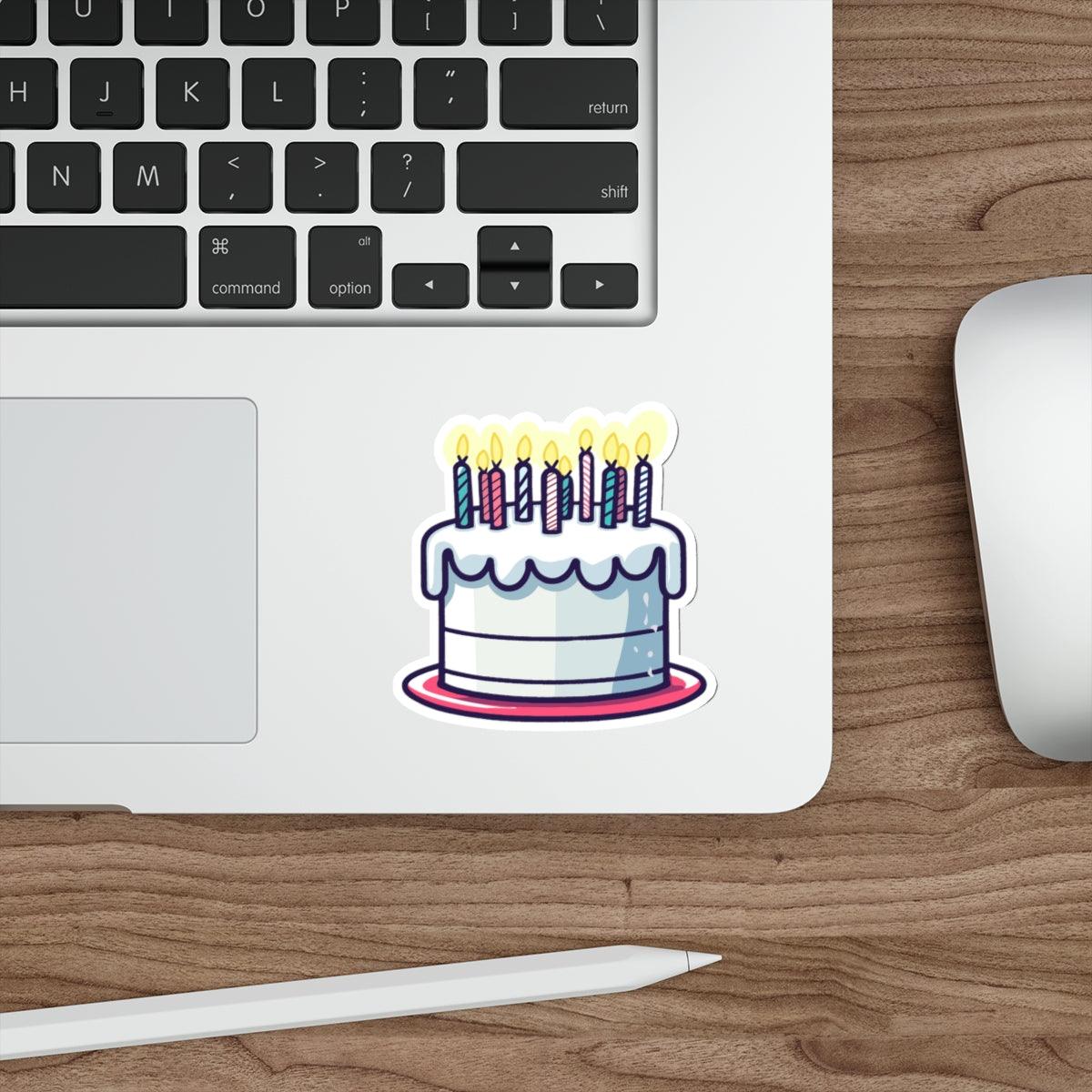 A fun and festive waterproof sticker featuring a birthday cake with lit candles. Perfect for celebrating birthdays - Baby Keo