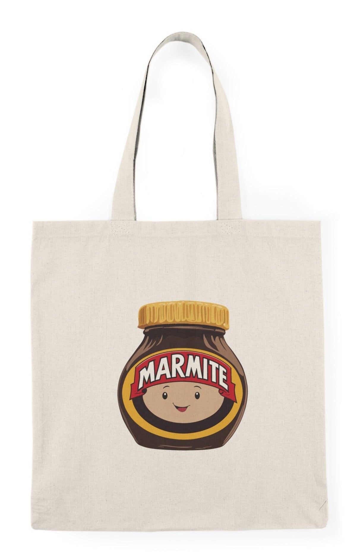 Tote bag featuring a playful illustration of a cute Marmite jar with a happy face, surrounded by whimsical graphics. The fun design and vibrant colors make it a delightful accessory for Marmite lovers, adding a touch of humor and personality to everyday carry.