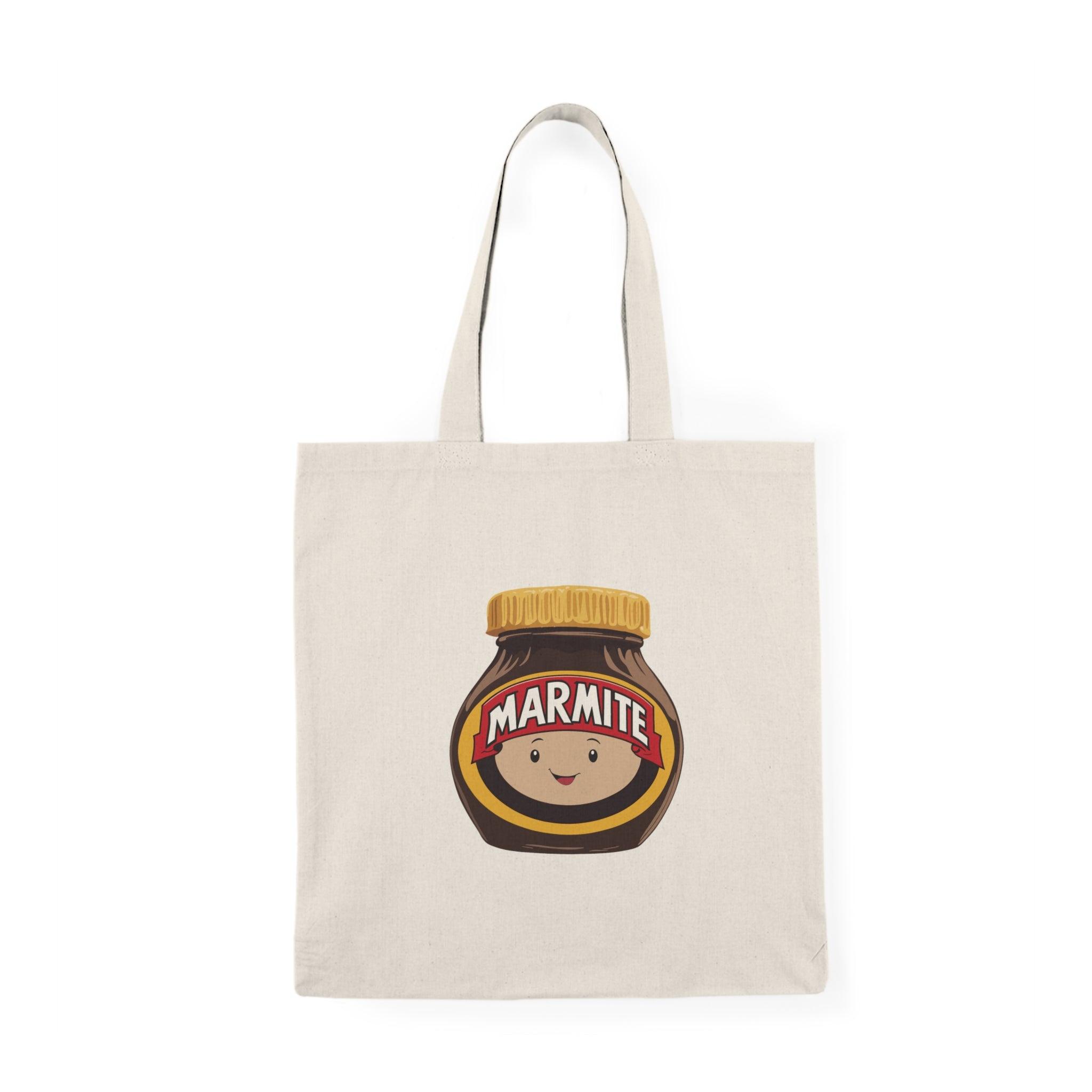 Tote bag featuring a playful illustration of a cute Marmite jar with a happy face, surrounded by whimsical graphics. The fun design and vibrant colors make it a delightful accessory for Marmite lovers, adding a touch of humor and personality to everyday carry.