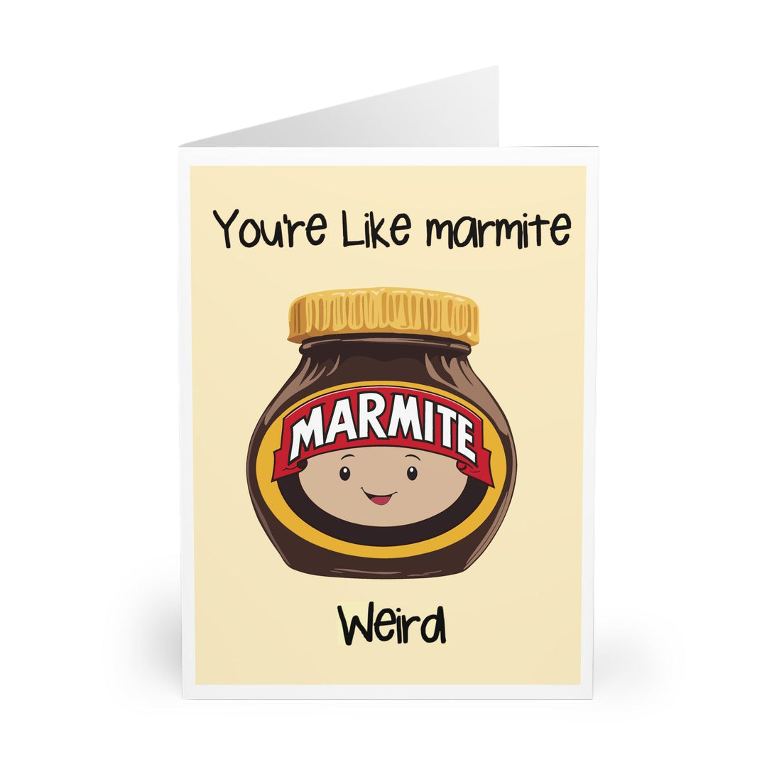 Quirky card with a Marmite jar illustration and the phrase 'You’re Like Marmite... Weird.' A humorous way to express someone’s unique personality - Baby Keo.