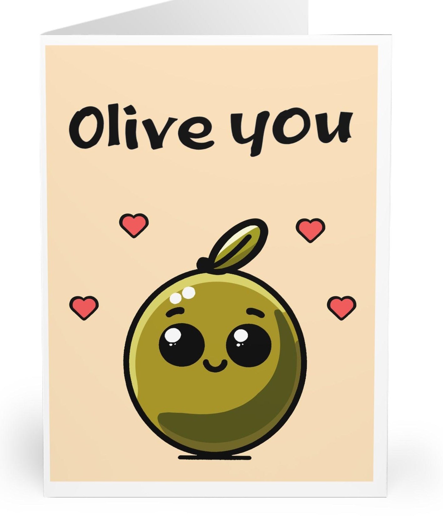 A greeting card with a cartoon olive character and the phrase 'Olive You' written at the top. The card is colored in pastel shades with hearts around the olive.
