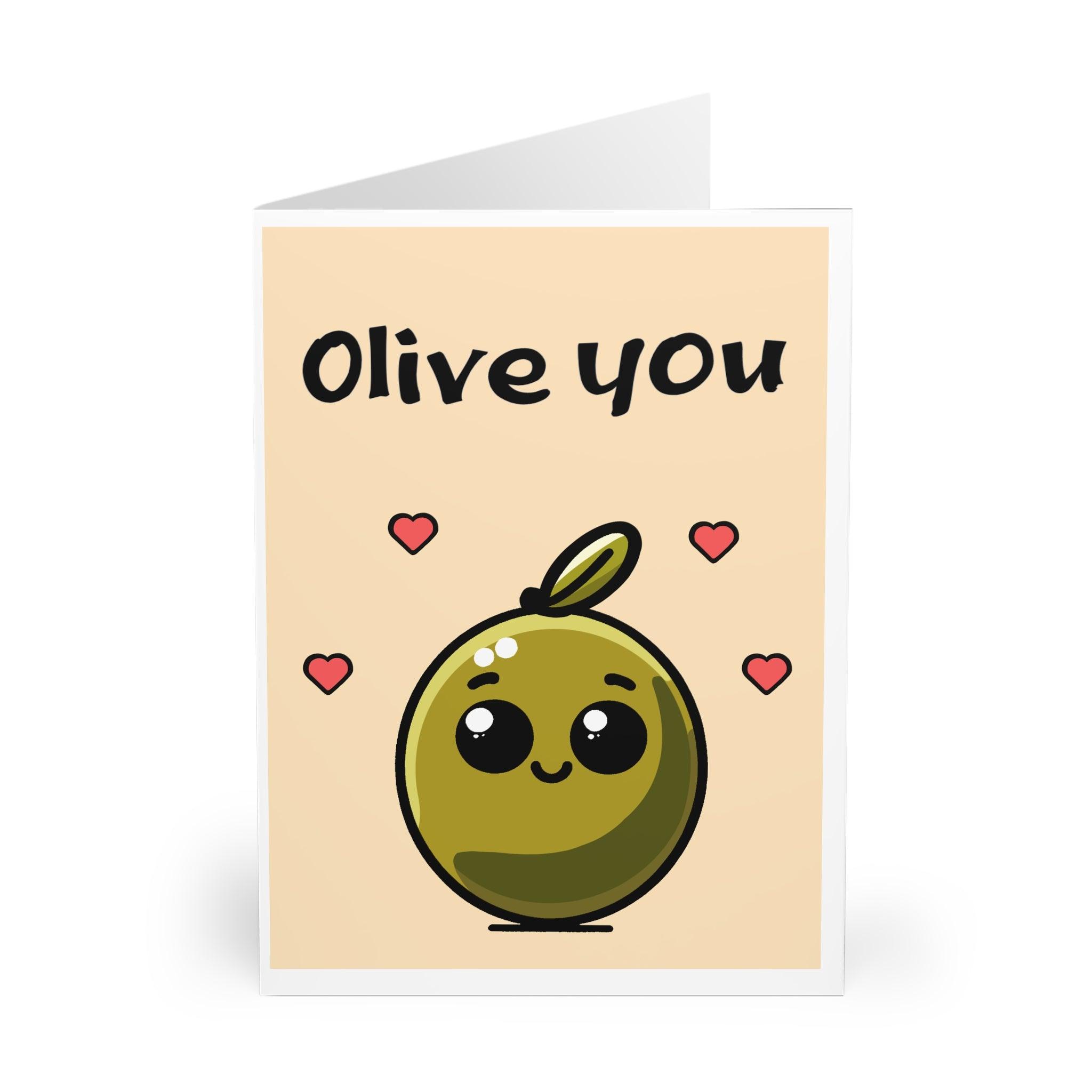 Adorable card featuring a smiling olive and hearts with the phrase 'Olive You.' A punny way to say 'I love you' - Baby Keo