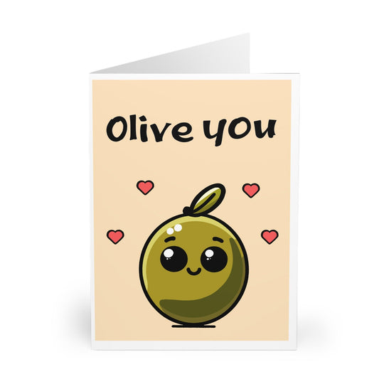 A greeting card with a cartoon olive character and the phrase &