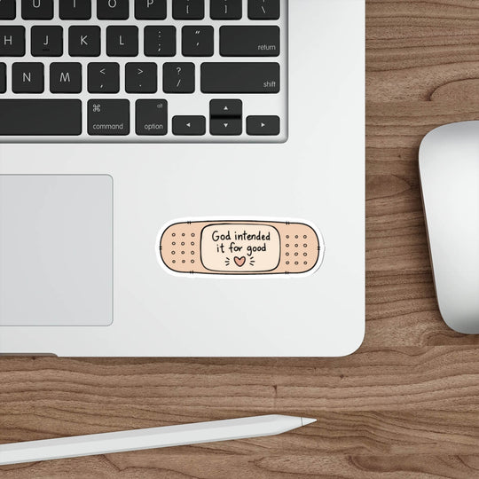 Cute Genesis 50:20 Christian sticker designed as a beige bandage featuring the words God Intended It For Good with a small heart.