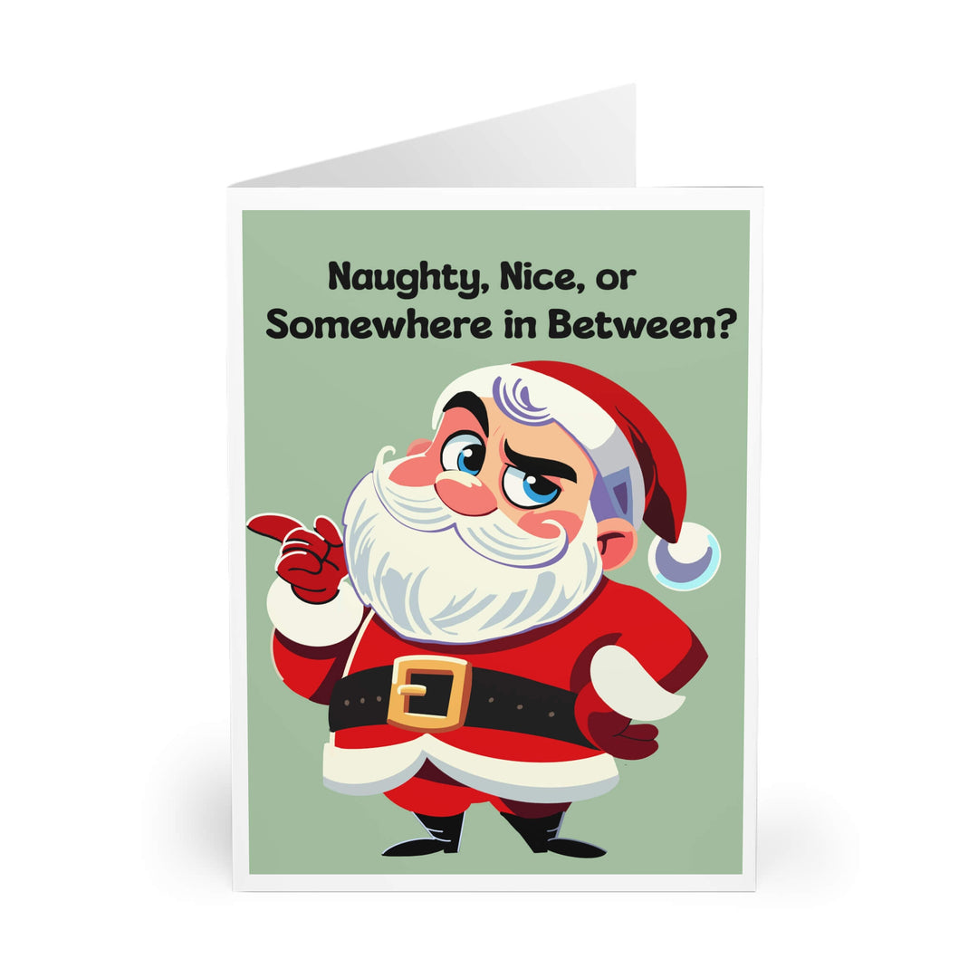 Funny Christmas card with Santa asking 'Naughty, Nice, or Somewhere in Between?' Perfect for those with a playful side during the holidays. Featuring a skeptical Santa illustration, this card is ideal for spreading humor and holiday cheer to friends and family. Available in A5, 5x7, and A6 sizes."
This description emphasizes the card’s humor and relatability, making it a standout for customers looking to bring a playful twist to holiday greetings.





