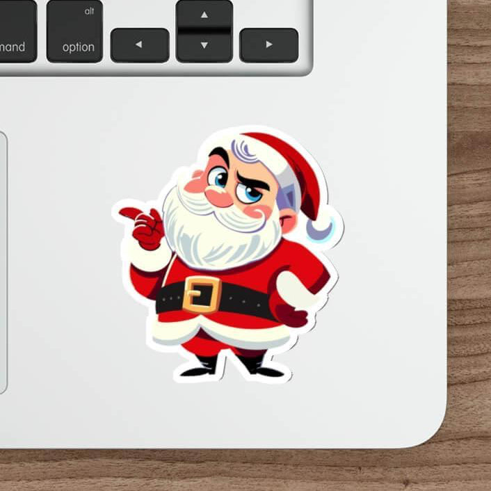 Cheeky Santa sticker featuring a sassy Santa with an arched eyebrow and pointing finger, perfect for adding holiday humor to laptops, journals, and water bottles. A playful and festive decor item, designed to last all season