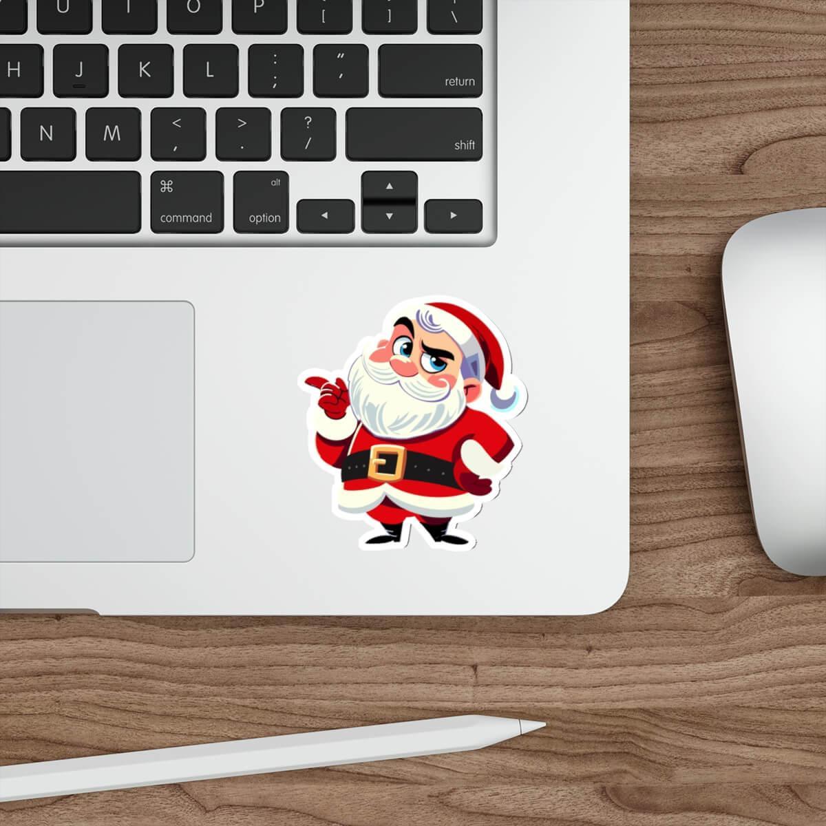 Cheeky Santa sticker featuring a sassy Santa with an arched eyebrow and pointing finger, perfect for adding holiday humor to laptops, journals, and water bottles. A playful and festive decor item, designed to last all season