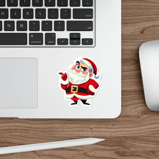 Cheeky Santa sticker featuring a sassy Santa with an arched eyebrow and pointing finger, perfect for adding holiday humor to laptops, journals, and water bottles. A playful and festive decor item, designed to last all season