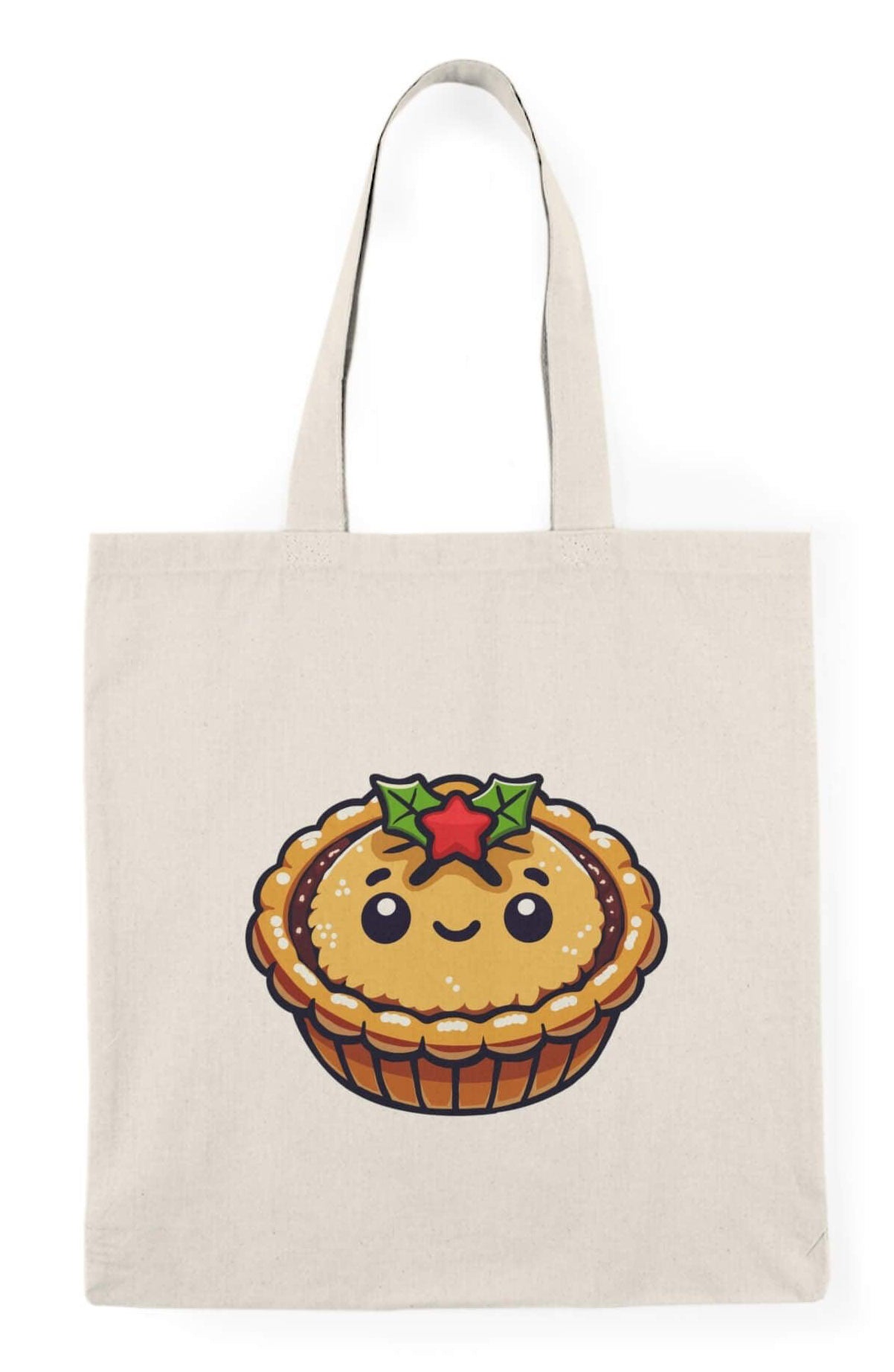Cute mince pie tote bag with a smiling mince pie and holly design, perfect for holiday shopping or as a festive accessory. Made from 100% recycled cotton with a size of 40 x 38 cm (15.7 x 15 inches) and 130-135 gsm thickness, this eco-friendly tote is both durable and charming
